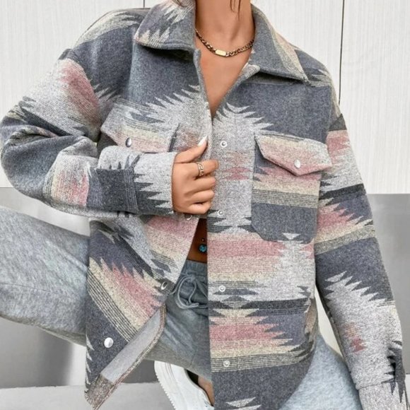 Geo Aztec Print Flap Pocket Overcoat Shacket jacket Casual Western - Picture 6 of 7